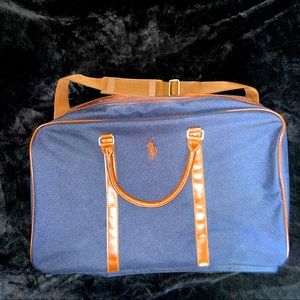 Ralph Lauren Polo Navy & Brown Duffel Bag, Canvas with Leather Handles NWOT